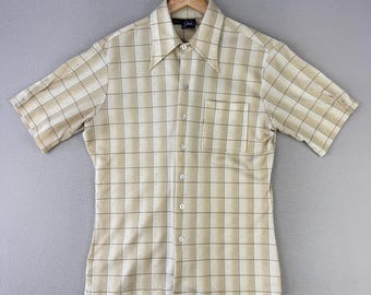 VIntage 70s Joel Cali Disco Shirt Mens Medium Beige Plaid Short Sleeve Retro USA