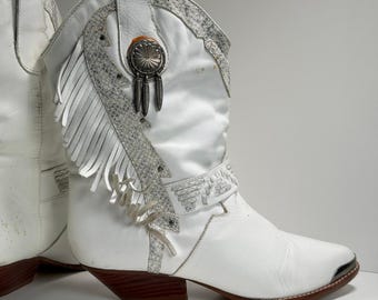 Vintage Rush Hour Cowgirl Boots Women 6.5B White Leather Western Fringe Boho Y2K