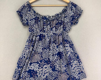 Vintage Y2K Babydoll Floral Blouse Womens M Blue Semi Sheer
