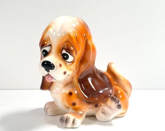 Vintage Quon-Quon Basset Hound Figurine Small Brown MCM Ceramic Dog Japan