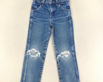 VTG Wrangler Jeans Kids 7 Slim Distressed Cowboy Cut 13MWZ Bootcut Whiskering