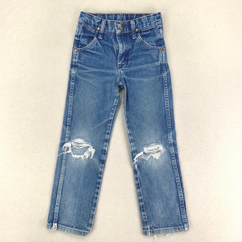 VTG Wrangler Jeans Kids 7 Slim Distressed Cowboy Cut 13MWZ Bootcut Whiskering Bild 1