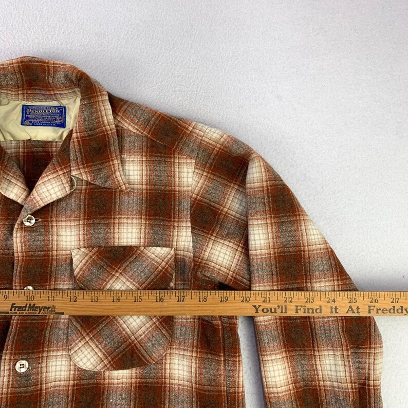 VTG 70s Pendleton Board Shirt Mens M Brown Plaid Wool Loop Collar Flannel USA image 7