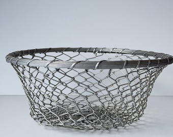 Vintage Woven Metal Wire Basket Medium Silver Industrial Chain Link Mesh