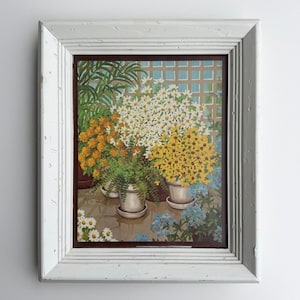 Vintage Framed Lithograph Dorothy Saar Floral Daiseys Marigolds Garden Cottage