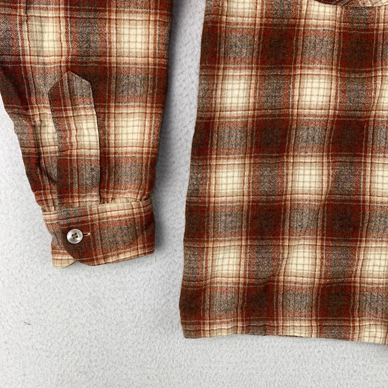 VTG 70s Pendleton Board Shirt Mens M Brown Plaid Wool Loop Collar Flannel USA image 3