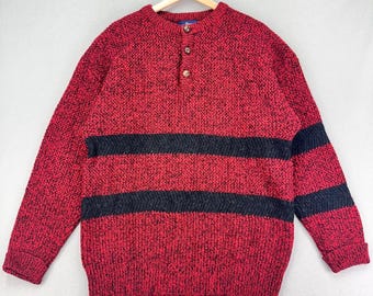 Vintage 70s Woolrich Sweater Mens XL Red Wool Knit Henley Retro Grandpa Chunky