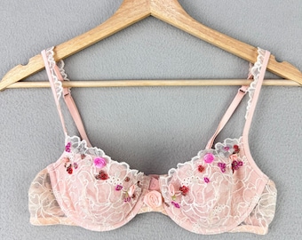VTG Y2K Victoria Secret Angel Bra Women 36B Pink Lace Beaded Floral Rosette NWT