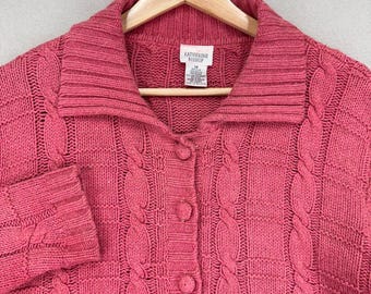 Vintage Cardigan Sweater Womens M Pink Button Front Cableknit Cottagecore
