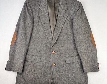Patrick James Tweed Blazer Mens 42 Gray Herringbone Wool Suede Patch Sport Coat