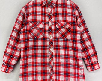 VTG 80s Insulated Flannel Shirt Mens Medium Red Quilt Plaid Soft Long Sleeve