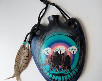 Vintage Native American Ceramic Bear Canteen Southwestern Wall Decor