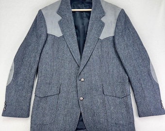 VTG Pendleton Blazer Jacket Mens 44 Long Grey Herringbone Wool/Suede Western