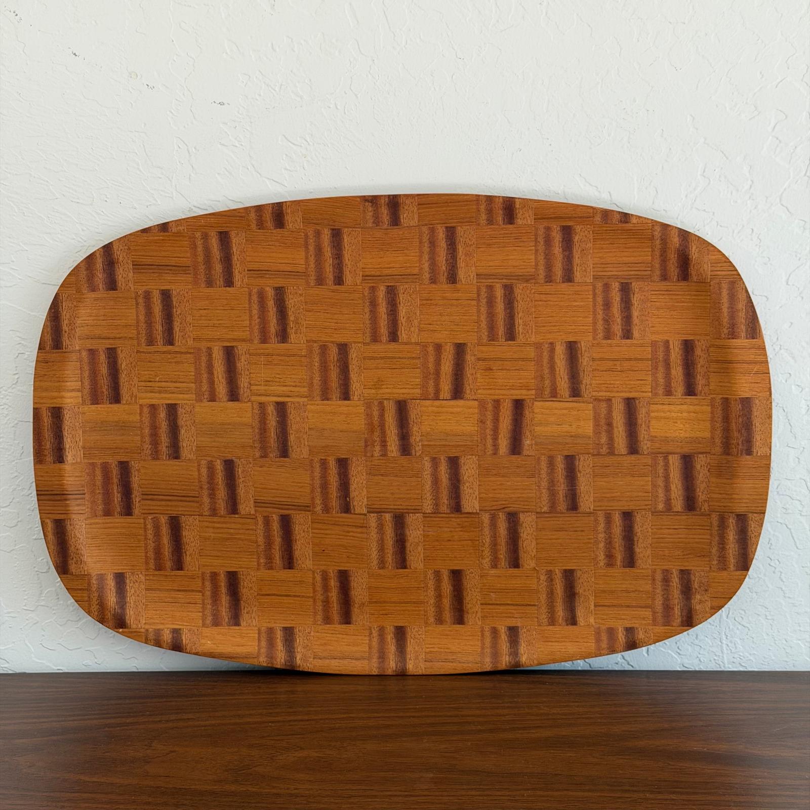 Vintage Mid-century Woven Wood Serving Tray Checkered Viking Hand