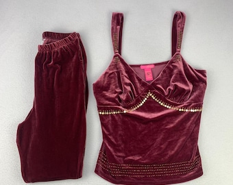 Vintage Thalia Sodi Velvet 2 Piece Babydoll Set Womens Large Burgundy Y2K Lounge