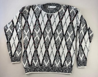 Vintage Argyle Knit Sweater Mens Large Tall Gray Geometric Made in USA Preppy