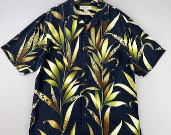 Vintage Tommy Bahama Aloha Camp Shirt Mens Medium Black Floral Silk Loop Collar