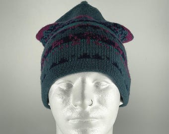 Vintage 80s Knit Ski Cap Teal Purple Nordic Wool Fair Isle  display picture 2