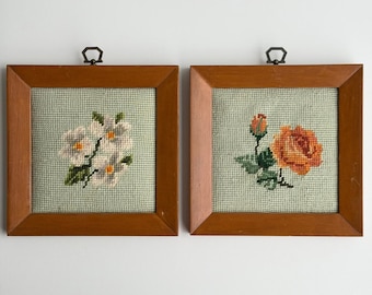 Vintage Needlepoint Wall Art Betty Grommes Green Floral 1978 Framed Set 7x7