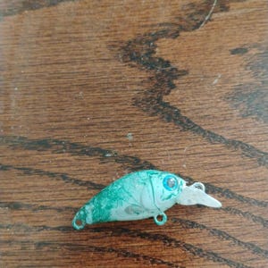 May include: A small, white fishing lure with a green and blue paint job. The lure has a single hook and a realistic eye.