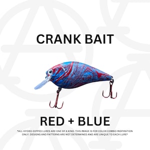 May include: A red and blue crank bait fishing lure with a swirl pattern. *ALL HYDRO-DIPPED LURES ARE ONE OF A KIND. THIS IMAGE IS FOR COLOR COMBO INSPIRATION ONLY. DESIGNS AND PATTERNS ARE NOT DETERMINED AND ARE UNIQUE TO EACH LURE*