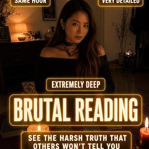 May include: A person with long dark hair wearing a black off-the-shoulder top and a layered necklace. Text overlays read: SAME HOUR, VERY DETAILED, EXTREMELY DEEP, BRUTAL READING, SEE THE HARSH TRUTH THAT OTHERS WON'T TELL YOU. Candles are placed on the table.