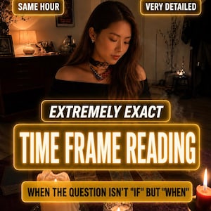 May include: A person with long brown hair wearing a black off-the-shoulder top, positioned behind a table with candles and tarot cards. Text overlays read: SAME HOUR, VERY DETAILED, EXTREMELY EXACT, TIME FRAME READING, WHEN THE QUESTION ISN'T IF BUT WHEN.