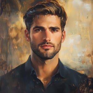 May include: Oil painting portrait of a man with dark hair and a neatly trimmed beard. The man is wearing a dark blue button-down shirt. The background has a textured, golden-brown appearance.
