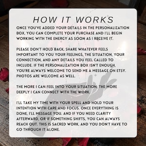 May include: A white rectangular card with the text "HOW IT WORKS" in black. The card explains the process of a service, including personalization, sharing feelings, and receiving messages. Red rose petals are scattered around the card.