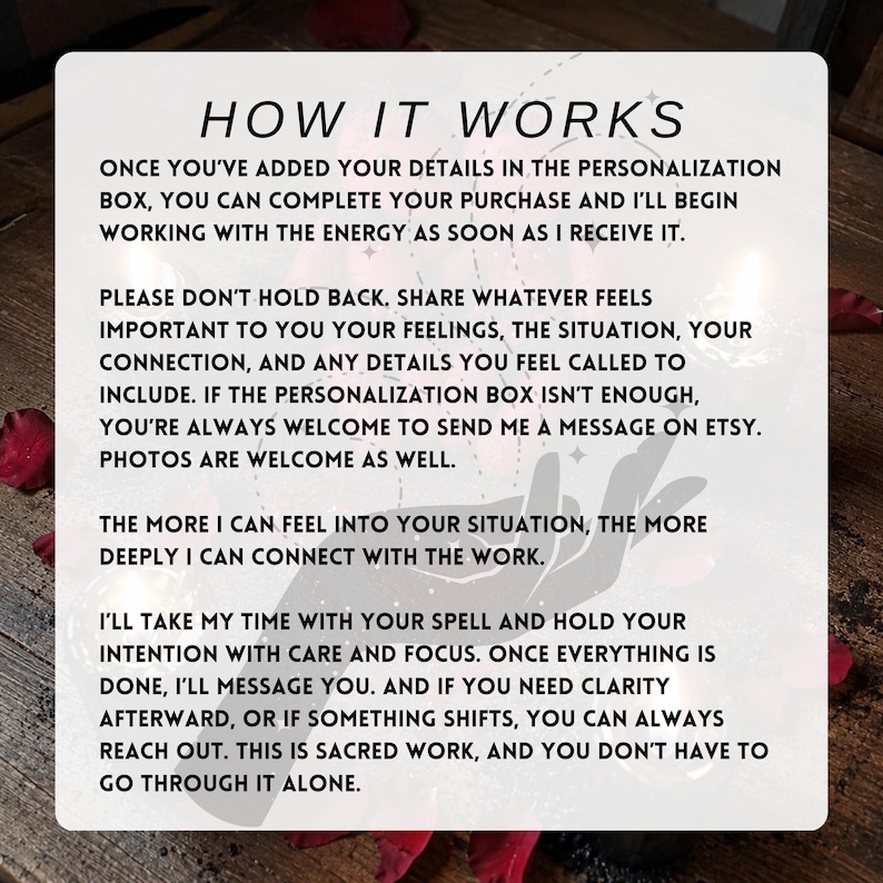 May include: A white rectangular card with the text "HOW IT WORKS" in black. The card explains the process of a service, including personalization, sharing feelings, and receiving messages. Red rose petals are scattered around the card.