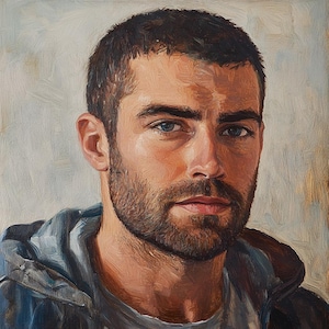 May include: Oil painting portrait of a man with short brown hair, a beard, and blue eyes. He wears a gray t-shirt and a blue hooded jacket. The artwork has visible brushstrokes and a soft, warm color palette.