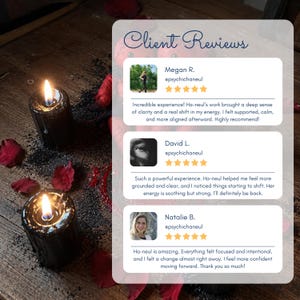 May include: Two lit black candles with a glowing flame, surrounded by red rose petals and black granules. The image includes a client review section with testimonials and the text "Client Reviews".