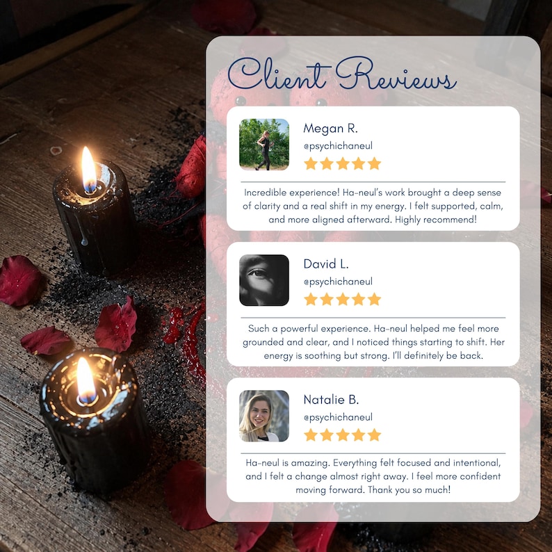 May include: Two lit black candles with a glowing flame, surrounded by red rose petals and black granules. The image includes a client review section with testimonials and the text "Client Reviews".