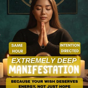 Peut inclure: Image d'une femme les mains jointes en prière. Le texte indique "EXTREMELY DEEP MANIFESTATION" et "BECAUSE YOUR WISH DESERVES ENERGY, NOT JUST HOPE." Des bougies et une boule de cristal sont également visibles.