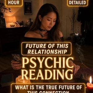 May include: A psychic reading service advertisement featuring text that reads SAME HOUR, VERY DETAILED, FUTURE OF THIS RELATIONSHIP PSYCHIC READING, and WHAT IS THE TRUE FUTURE OF THIS CONNECTION. The image shows a person holding tarot cards.
