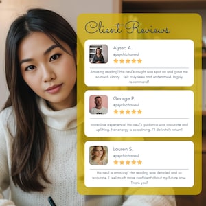 May include: A yellow and blue graphic with the text "Client Reviews" at the top. Three customer testimonials are displayed with a photo of each customer, their name, and a five-star rating. Each testimonial includes a positive review of a service.