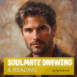 Peut inclure: Peinture à l'huile d'un homme aux cheveux foncés et à la barbe. La peinture a une palette de couleurs chaudes avec une bannière jaune en bas qui dit "SOULMATE DRAWING & READING" et le nom de l'artiste.