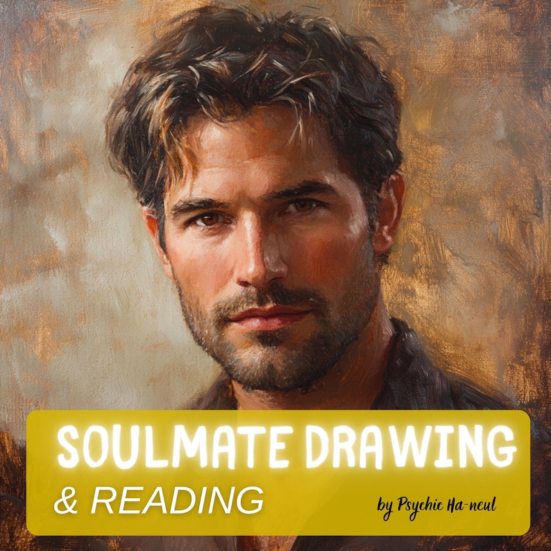 May include: An oil painting of a man with dark hair and a beard. The painting has a warm color palette with a yellow banner at the bottom that reads "SOULMATE DRAWING & READING" and the artist's name.