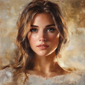 May include: A portrait of a woman with long, wavy brown hair and green eyes. The painting has a soft, warm color palette with highlights on the face and shoulders. The woman is wearing a white top.