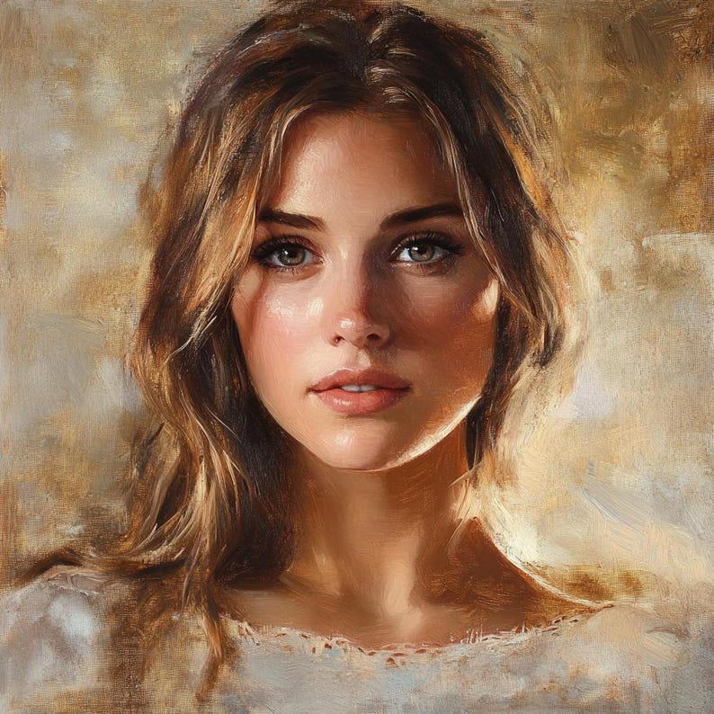 May include: A portrait of a woman with long, wavy brown hair and green eyes. The painting has a soft, warm color palette with highlights on the face and shoulders. The woman is wearing a white top.