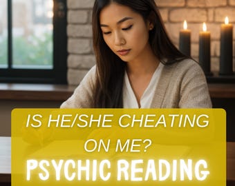 May include: A yellow graphic with the text "IS HE/SHE CHEATING ON ME? PSYCHIC READING by Psychic Ha-neul" on a brick background with a woman sitting at a table.