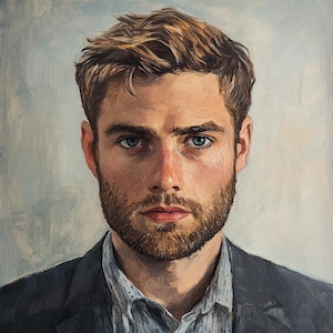 May include: Oil painting portrait of a man with light brown hair and a full beard. The subject has blue eyes and is wearing a dark gray blazer over a light blue patterned shirt. The background is a light blue.