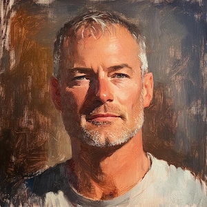 May include: Oil painting portrait of a middle-aged man with short gray hair and a beard. The man is wearing a white t-shirt. The background is a warm brown color, with the light hitting the man's face.