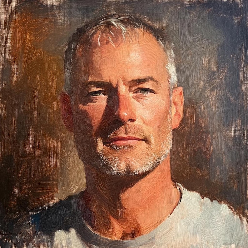 May include: Oil painting portrait of a middle-aged man with short gray hair and a beard. The man is wearing a white t-shirt. The background is a warm brown color, with the light hitting the man's face.
