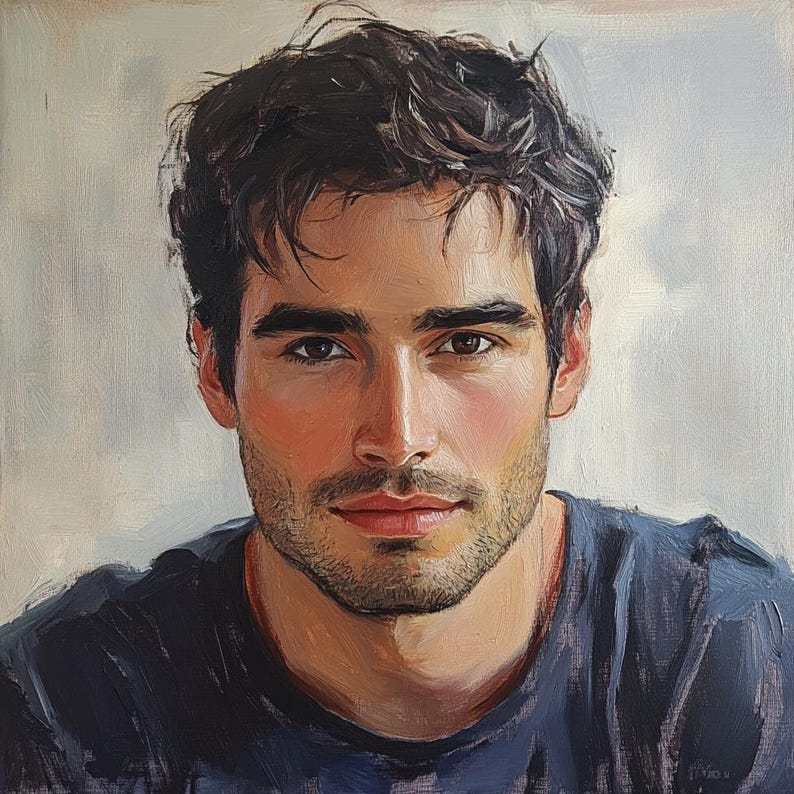 May include: Oil painting portrait of a man with dark hair and a beard, wearing a dark blue shirt. The artwork features a realistic style with visible brushstrokes and a focus on the subject's face and expression.