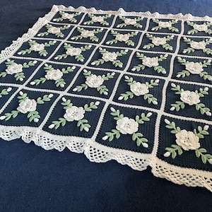Rustic Blue and White Roses Crocheted Afghan Blanket Throw - Made Fresh after it Sells -