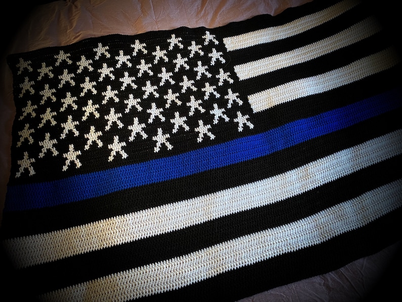 Crocheted American Flag for Law Enforcement Thin Blue Line Flag Blanket