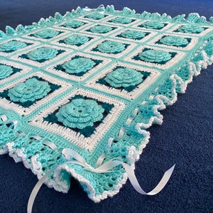 Aqua Blue Roses and Ruffles Crochet Blanket Throw Afghan - made fresh after sale
