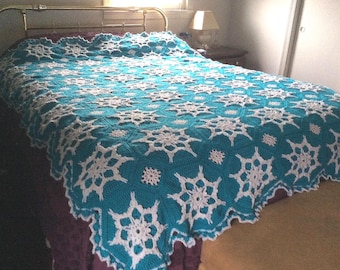 Crocheted Snowflake Afghan: Turquoise Blue Bedspread Blanket Throw