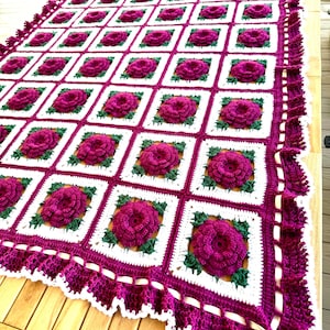Crochet Rose Afghan – Handmade Raspberry Floral Blanket, Ribbon Detail - Ready to Ship